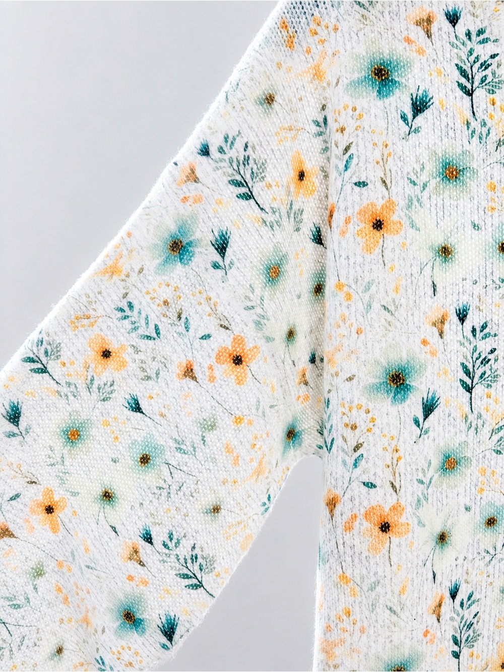 Vintage White Cottagecore Floral Button-Up Cardigan with Yellow & Teal Flowers - Picture 3 of 4